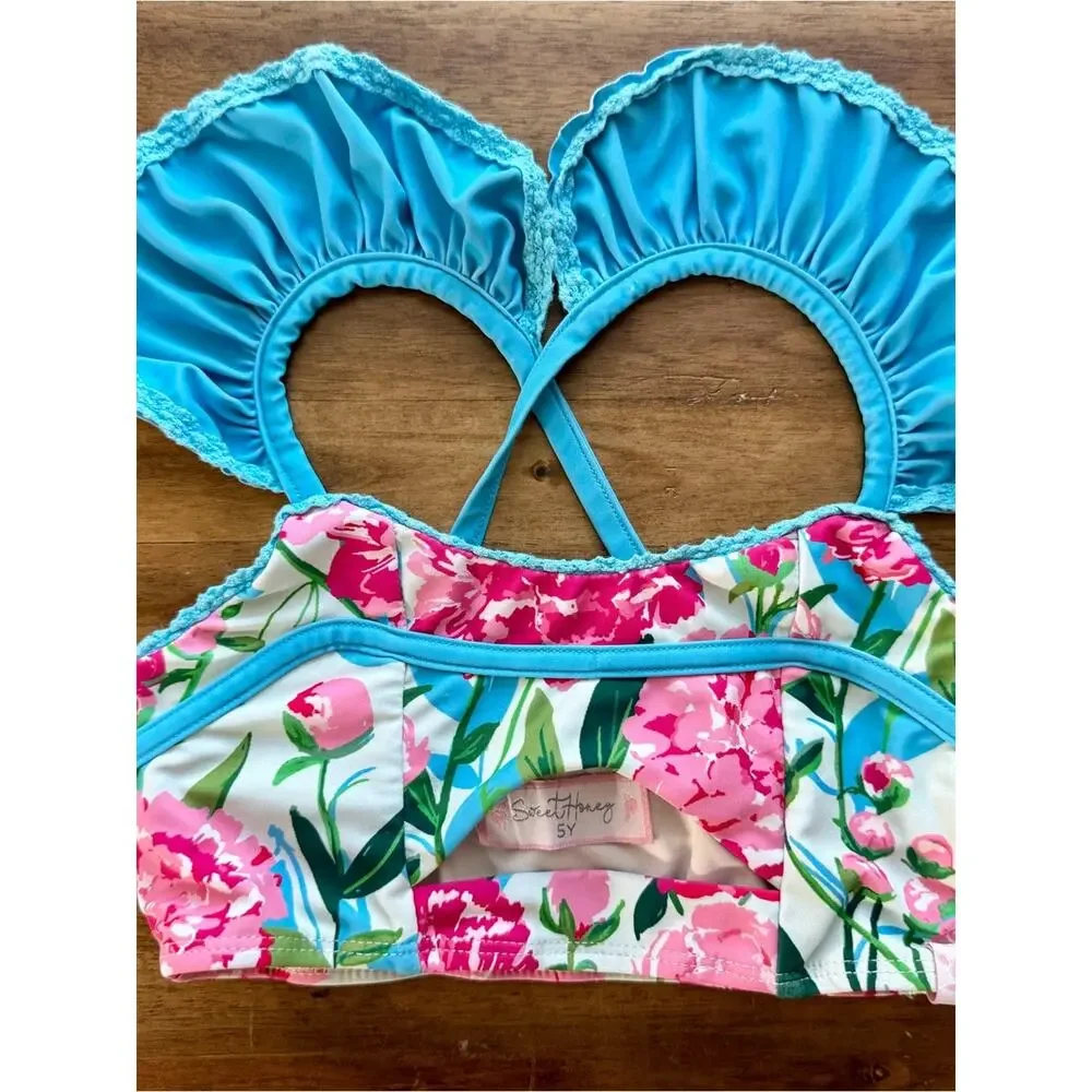 SweetHoney Girls Retro Tankini Remix Bright Peonies Bikini Two Piece 5 Blue Pink